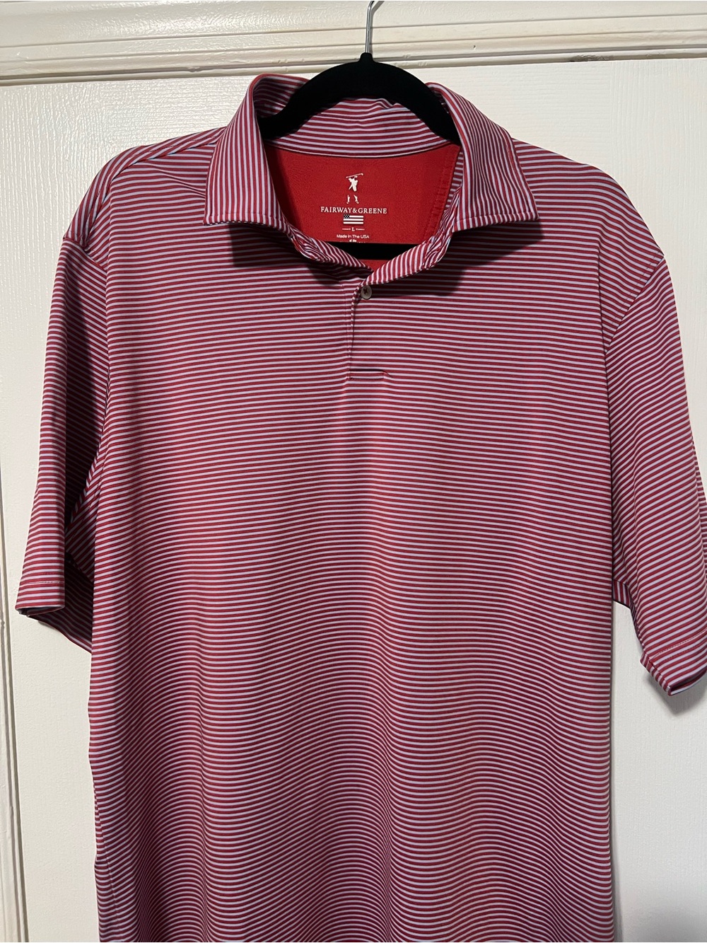 Fairway & Greene Men's Red and Light Blue Striped Polo Shirt.